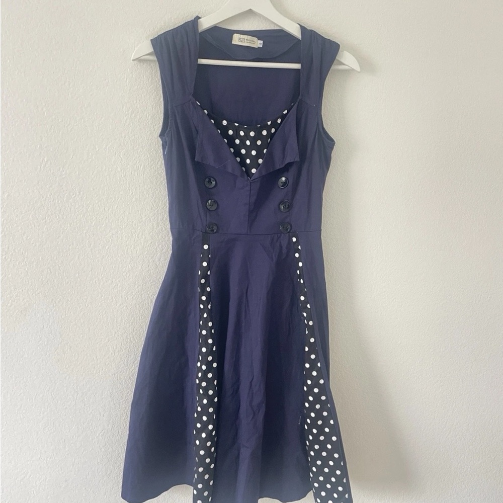 Killreal KR  Sz S Navy Dress White Polka Dots On Black Retro Style  Party Swing